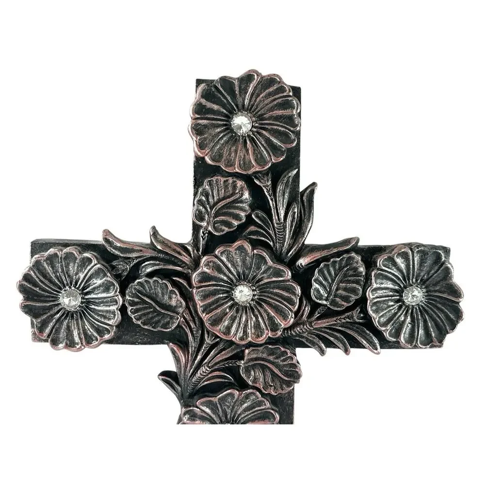 Decorative Floral Wall Cross Heavy Resin Pink Metallic Rhinestone Accents 10x14